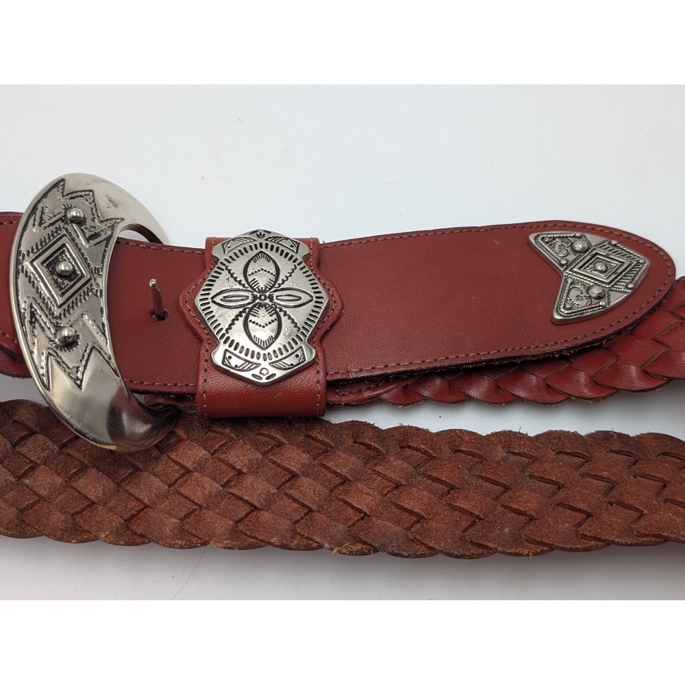 Belt L Red Woven Leather Western Braided Silver Buckle Wide Boho Cowboy Unisex